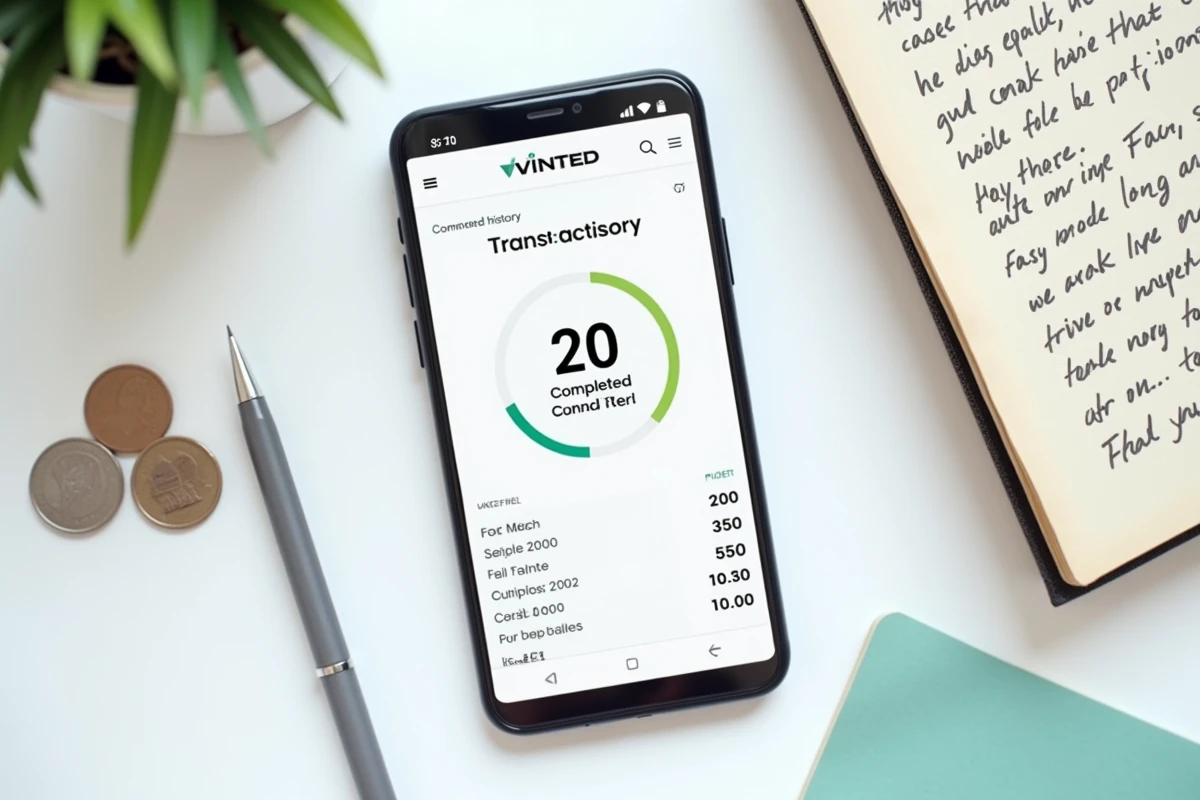Vue aérienne d'un smartphone affichant l'historique des transactions Vinted avec plus de 20 ventes, accompagné de notes manuscrites sur les seuils fiscaux applicables