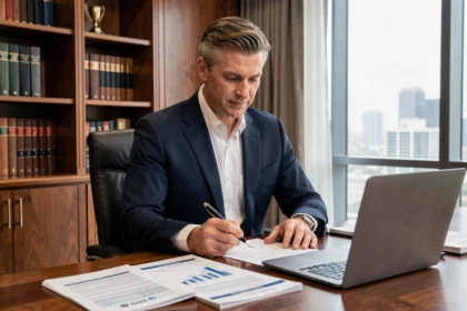 Homme d'affaires élégant analysant des documents financiers dans un bureau privé luxueux
