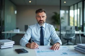 Homme d'affaires en réunion avec graphiques linéaires