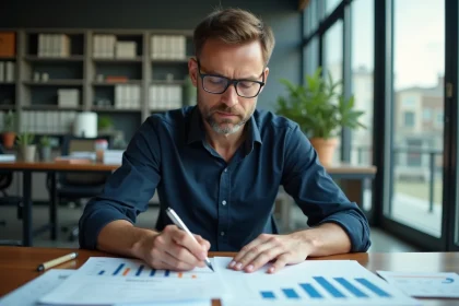 Homme d'affaires analysant des graphiques financiers au bureau