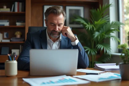 Homme d'affaires concentré sur son ordinateur dans un bureau moderne