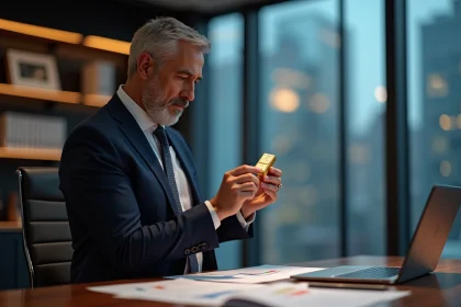 Homme d'affaires examinant une barre d'or en bureau