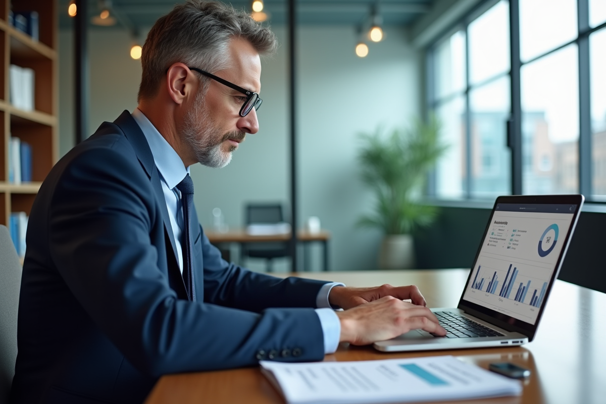 Homme d'affaires en costume bleu travaillant sur un ordinateur