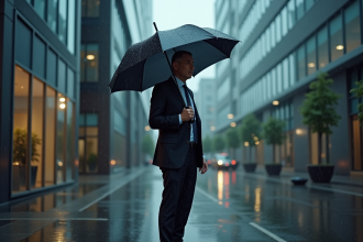 Homme d'affaires sous la pluie devant un immeuble moderne