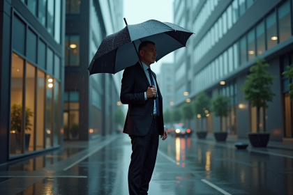 Homme d'affaires sous la pluie devant un immeuble moderne