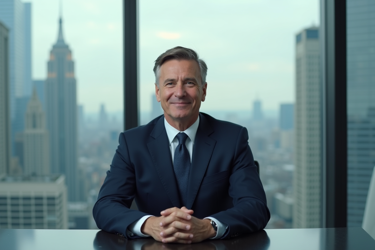 Homme d'affaires en costume bleu dans un bureau moderne