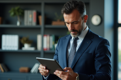 Homme d'affaires regardant des graphiques boursiers sur une tablette