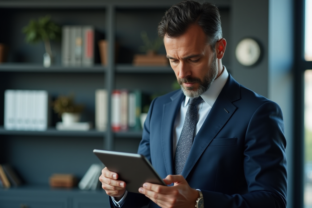 Homme d'affaires regardant des graphiques boursiers sur une tablette