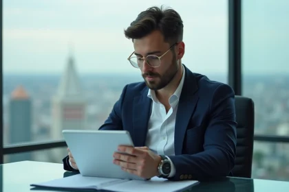 Jeune homme d'affaires compare des données financières