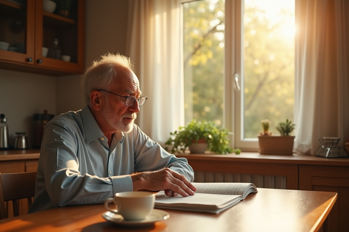 Homme âgé pensif avec café dans une cuisine lumineuse