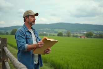 Homme d'âge moyen avec papiers dans un champ agricole