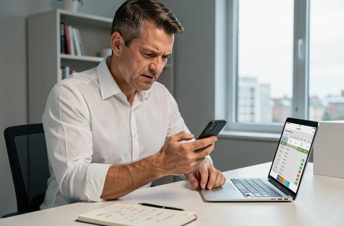 Homme consultant son application bancaire sur smartphone pour identifier et annuler des prélèvements automatiques récurrents