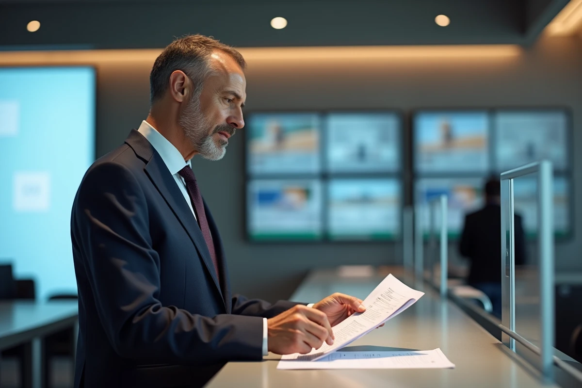 Homme en costume examinant documents dans une banque moderne