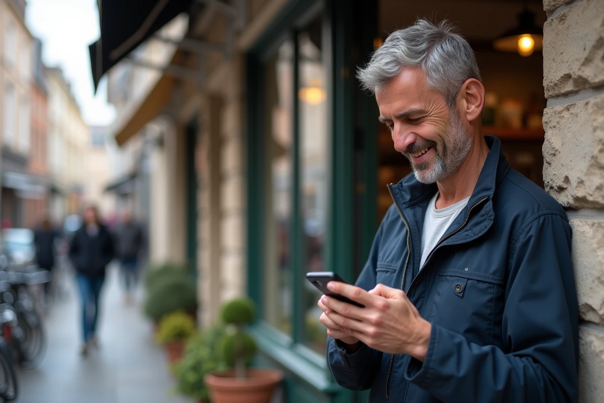 Homme dans une boulangerie belge regardant son téléphone