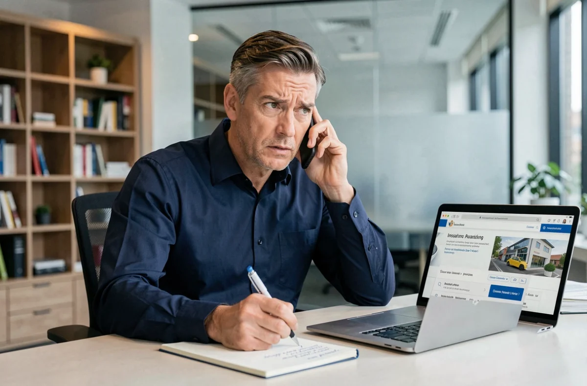 Homme au bureau essayant de joindre ECA Assurance téléphone ligne occupée