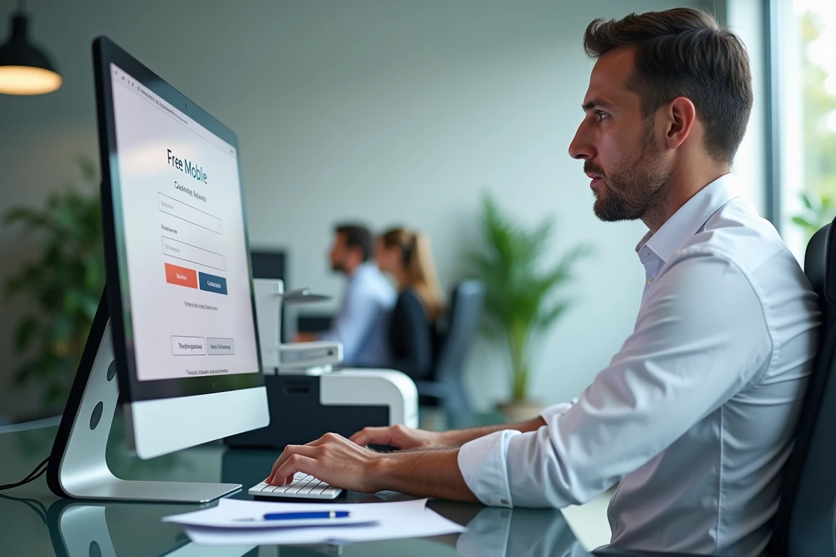 Homme en bureau consultant son espace client Free Mobile pour télécharger une facture