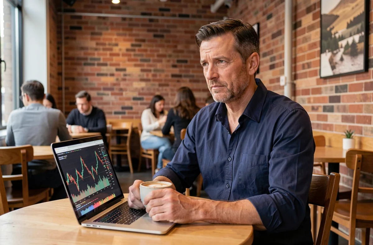 Homme consultant un calculateur de rentabilité en ligne sur ordinateur portable dans un café moderne