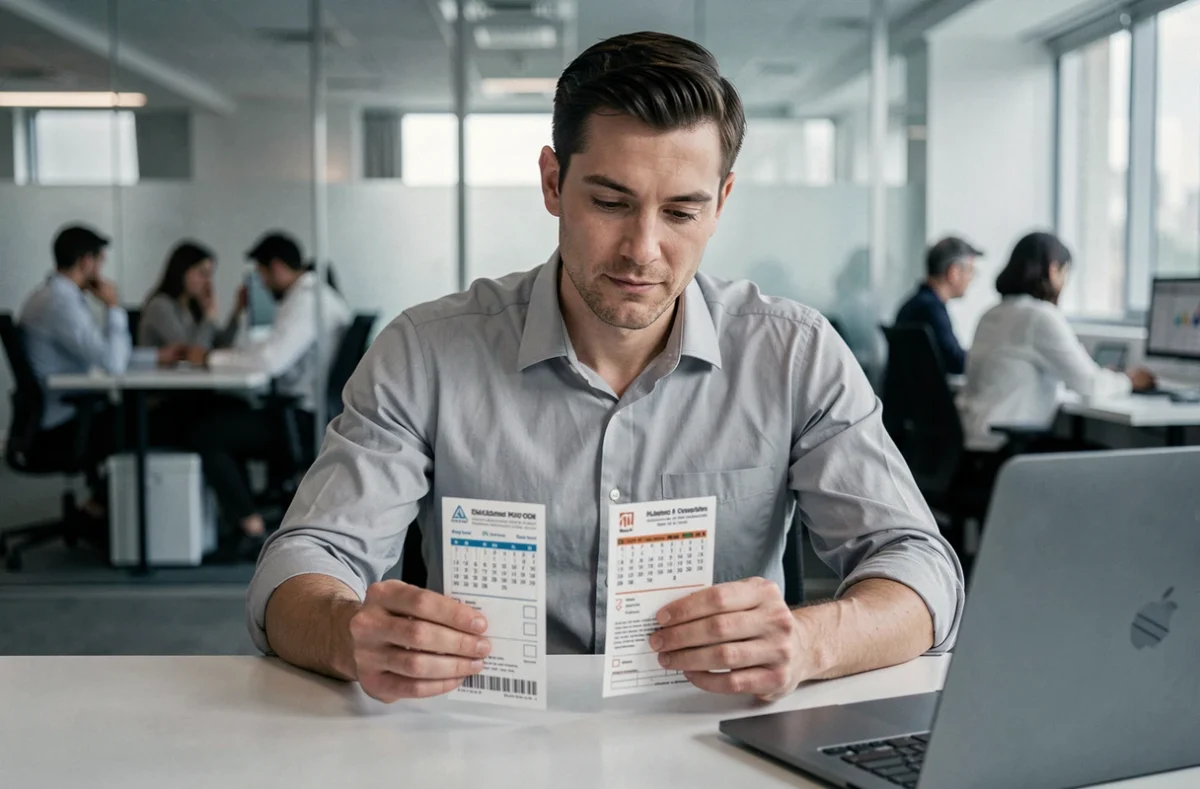 Homme en bureau comparant deux bulletins EuroMillions pour décider d'activer ou non l'option Étoile Plus