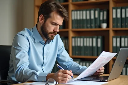 Homme consultant un avis d'amende officiel à son bureau à domicile pour éviter une majoration automatique