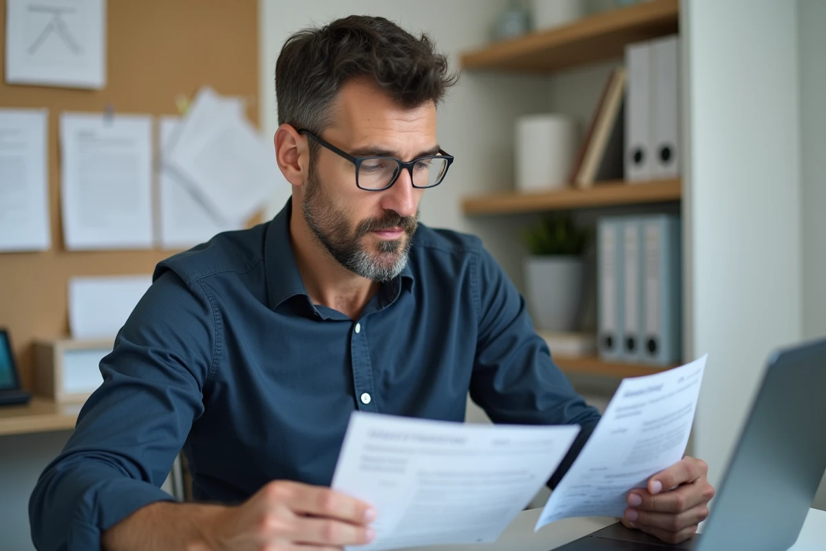 Homme consultant son relevé de paiement France Travail 2026 sur ordinateur portable dans un bureau à domicile