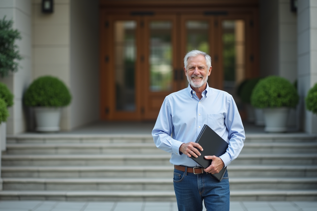 Homme confiant sortant d un bâtiment officiel après une réunion