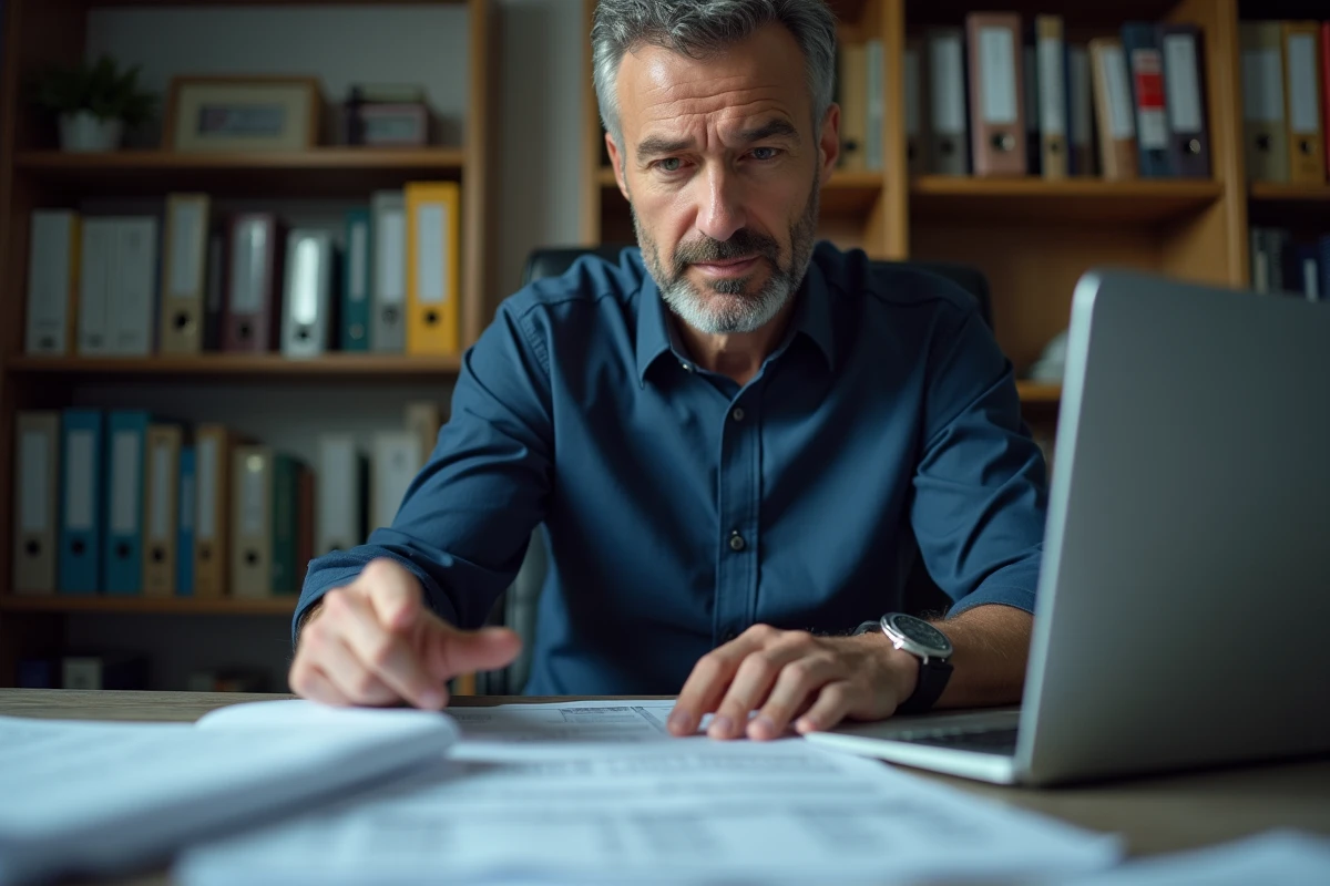 Homme analysant des relevés bancaires et une déclaration fiscale pour déclarer ses revenus issus de ventes sur Vinted au-delà du seuil des 20 transactions