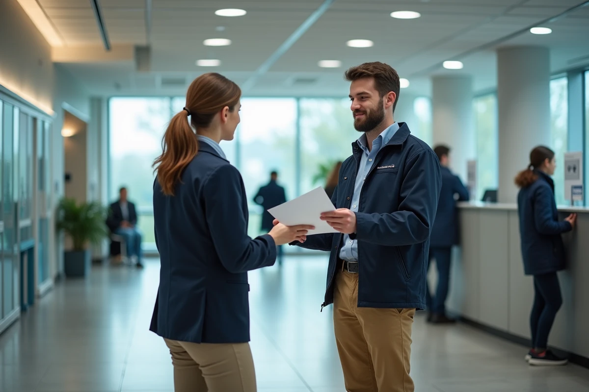 Jeune homme remettant des documents à un agent