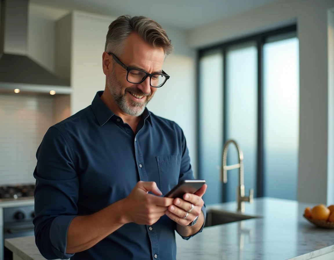 Homme consultant son espace client Merci Victor sur smartphone dans une cuisine moderne