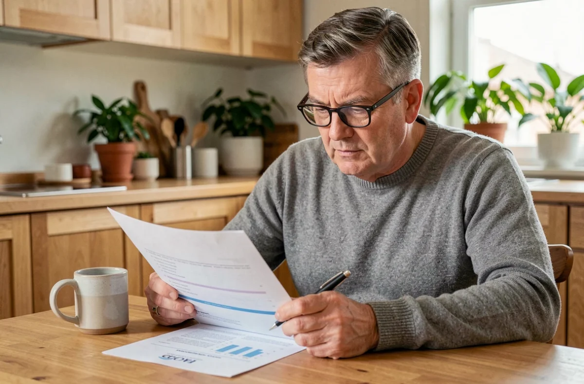 Homme mature étudiant un prospectus de SCPI à domicile pour évaluer le rendement et les avis avant d'investir dans Edissimmo