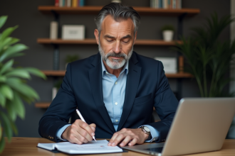 Homme d'âge moyen en costume dans un bureau moderne