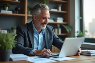 Homme d'affaires en bureau moderne analysant des graphiques financiers