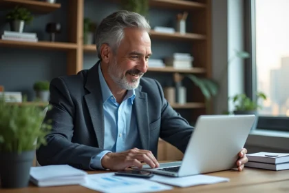 Homme d'affaires en bureau moderne analysant des graphiques financiers