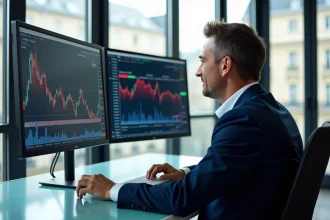 Homme d affaires en costume étudiant des graphiques CAC 40