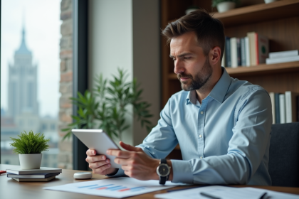 Homme d'affaires examine des graphiques financiers sur une tablette