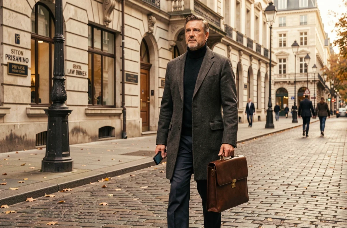 Homme fortuné marchant dans un quartier financier européen avec une mallette en cuir, atmosphère de prestige économique