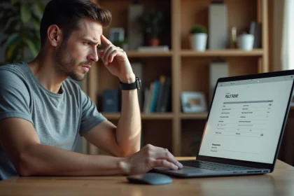 Homme frustré devant son ordinateur portable essayant d'imprimer une facture Free Mobile