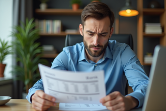Homme en bureau lisant un relevé bancaire avec souci