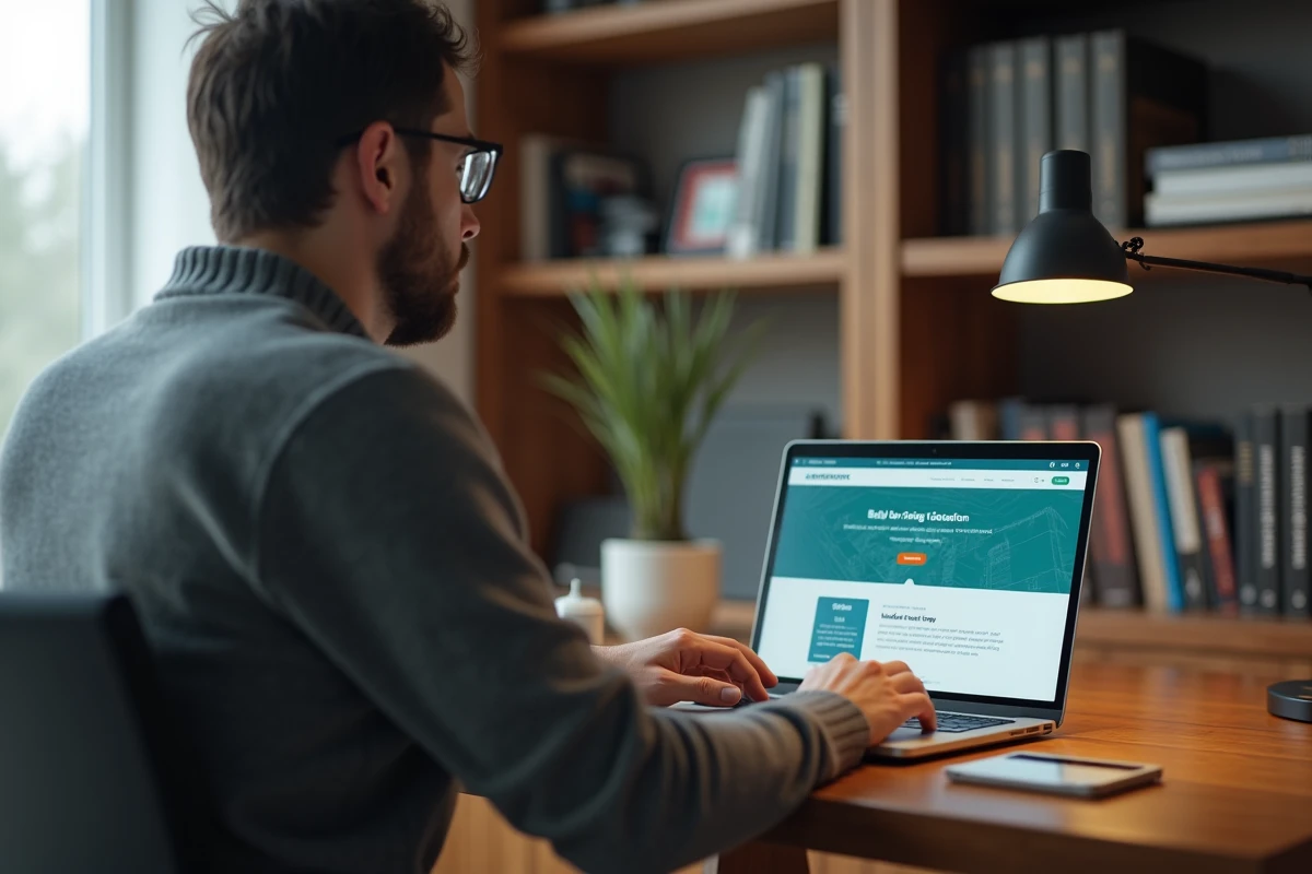 Homme planifiant son trajet en localisant un distributeur de billets sur un site web depuis son bureau à domicile