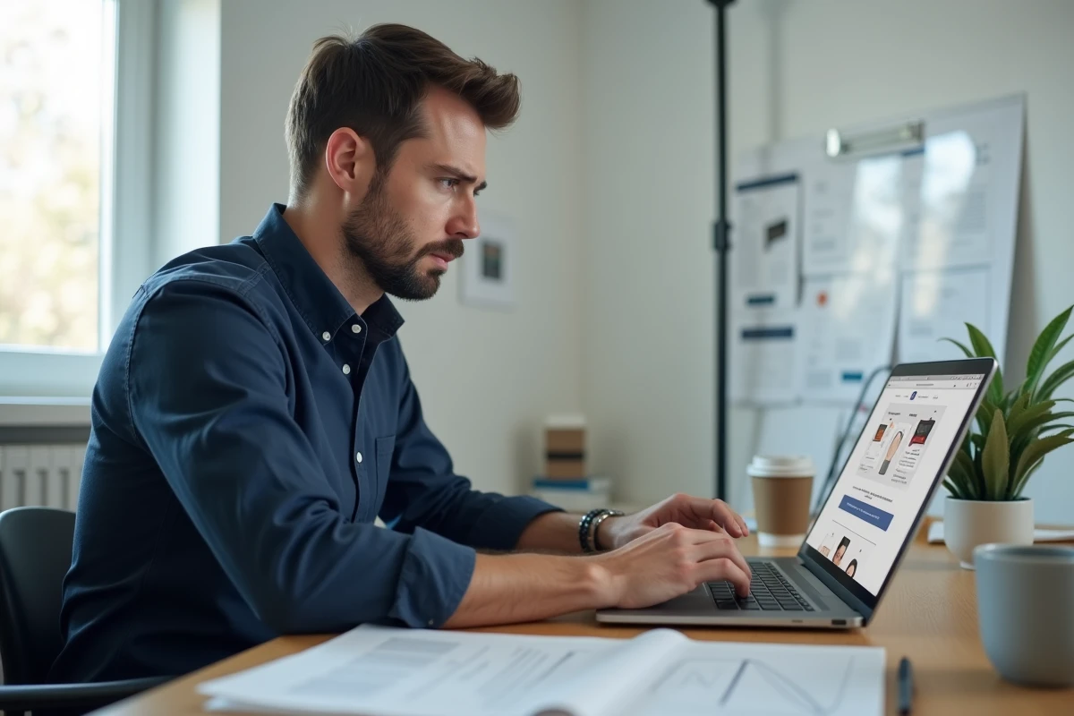 Homme recherchant des avis sur Eternal Lunesta sur son ordinateur portable