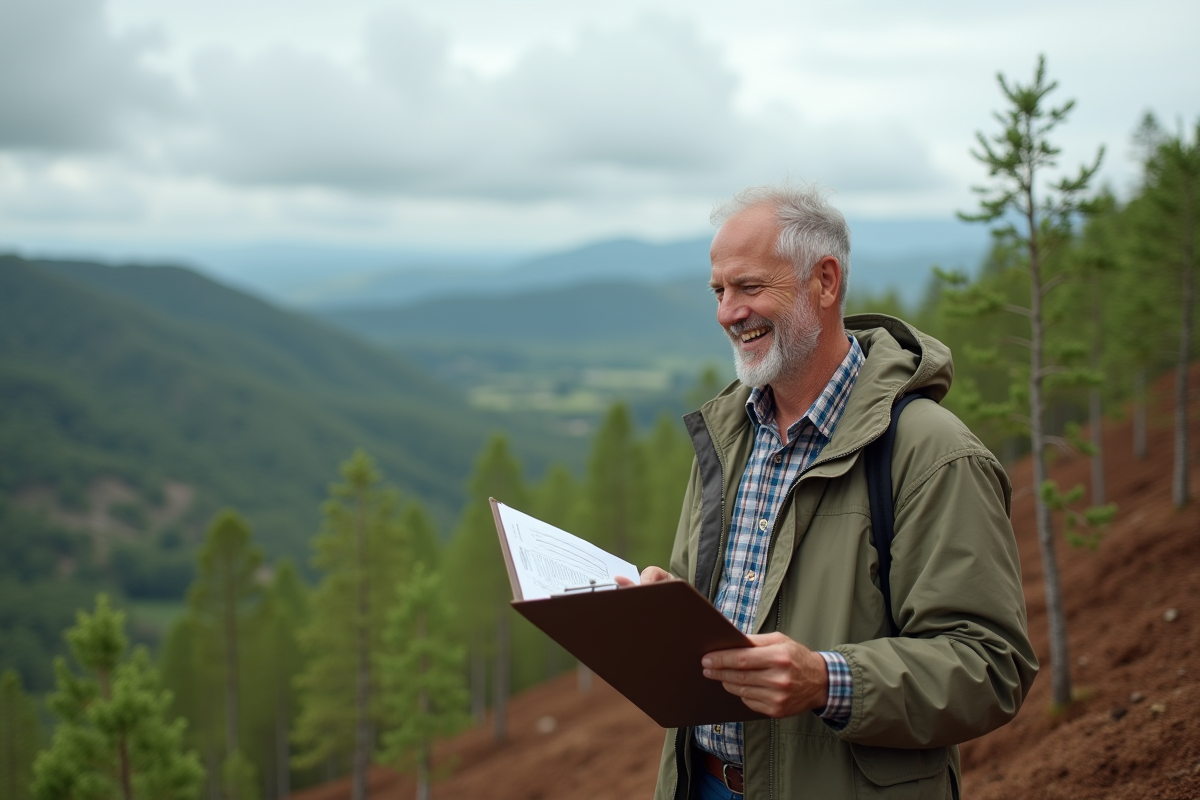 Homme souriant observant un projet de reforestation en extérieur