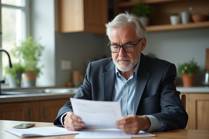 Homme d'âge moyen lisant documents de pension dans une cuisine