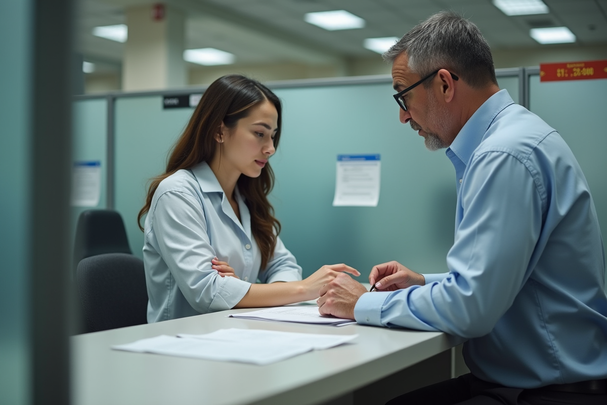 Homme et jeune employée discutant de papiers au guichet