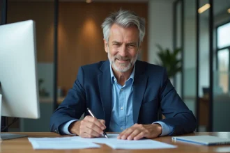 Homme d'affaires signant un transfert bancaire dans un bureau moderne