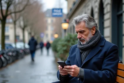 Homme d'une cinquantaine regardant son smartphone devant Pôle emploi