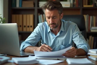 Homme stressé au bureau avec factures impayées