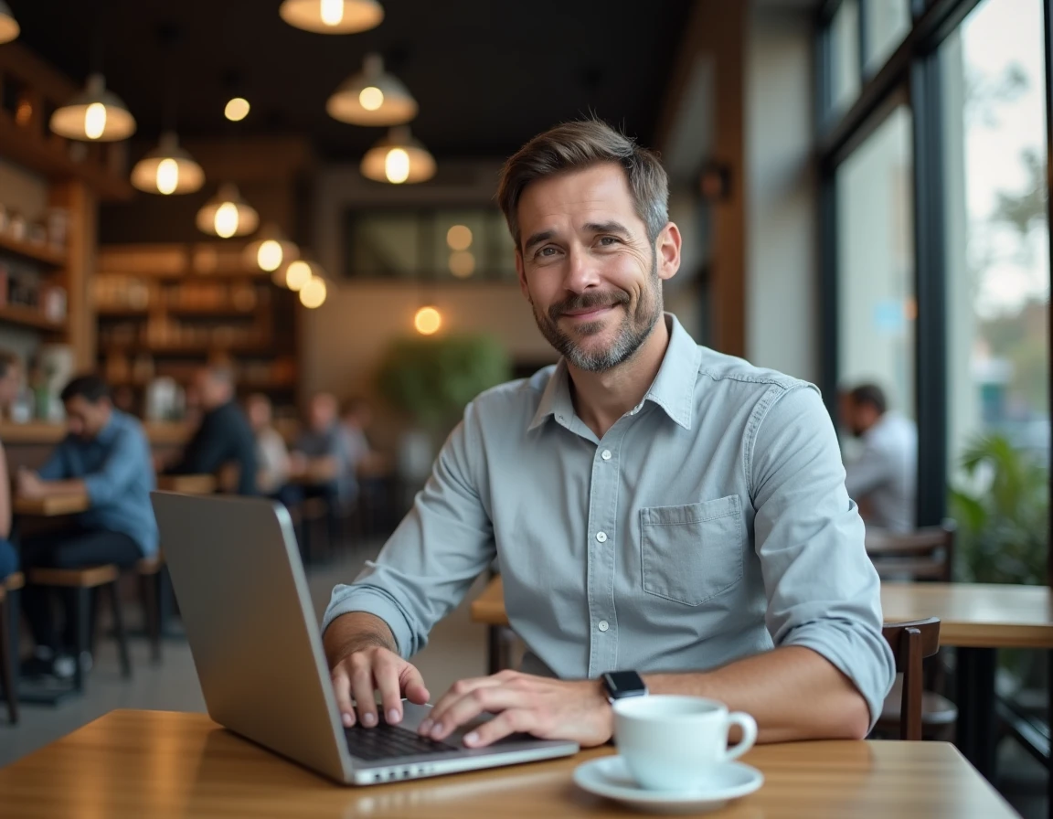 Homme contactant le service client Lydia depuis un ordinateur portable dans un café