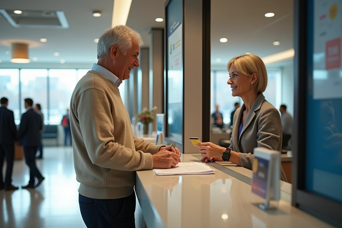 Homme âgé effectuant une transaction à la banque
