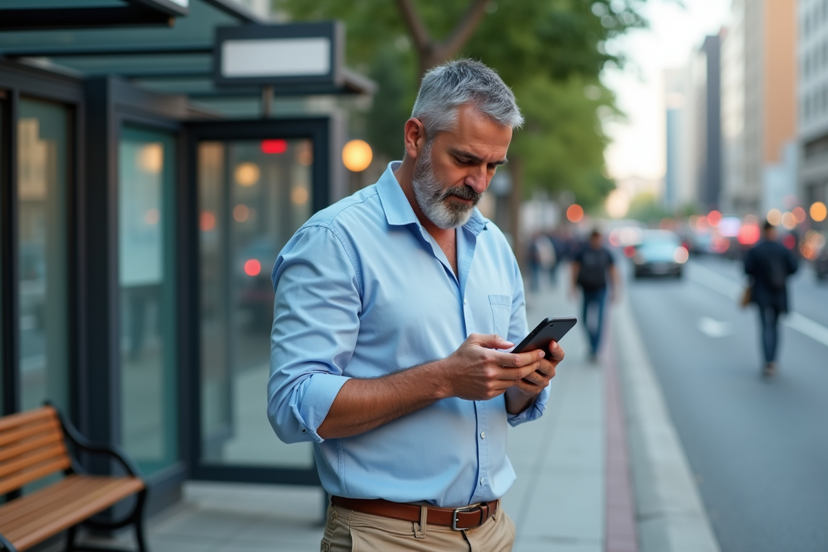 Homme vérifiant les actualités financières sur smartphone dans la rue