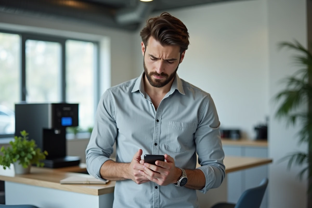 Homme vérifiant sur son smartphone le délai de traitement d'une opération bancaire La Banque Postale