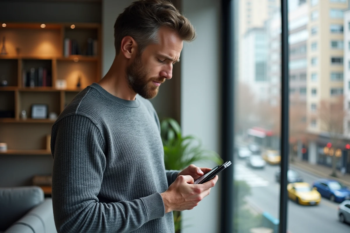 Homme vérifiant l'historique de ses opérations bancaires sur l'application mobile de sa banque
